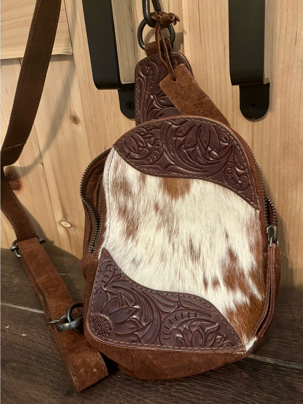 Shyanne Brown Leather & White-Brown Hair-On-Hide Crossbody Bag